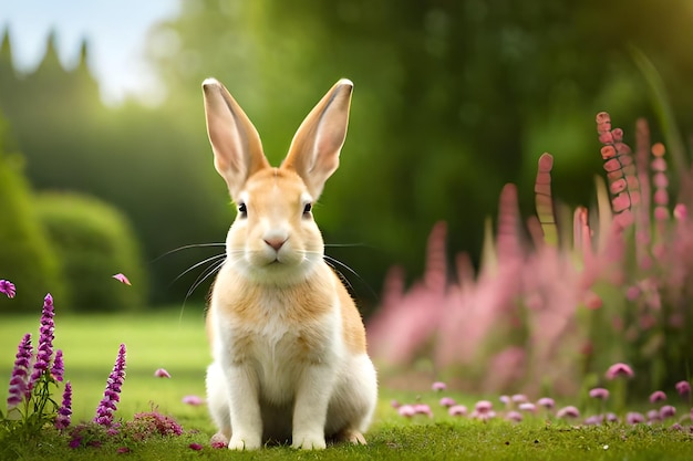 Un lapin est assis dans un champ de fleurs.