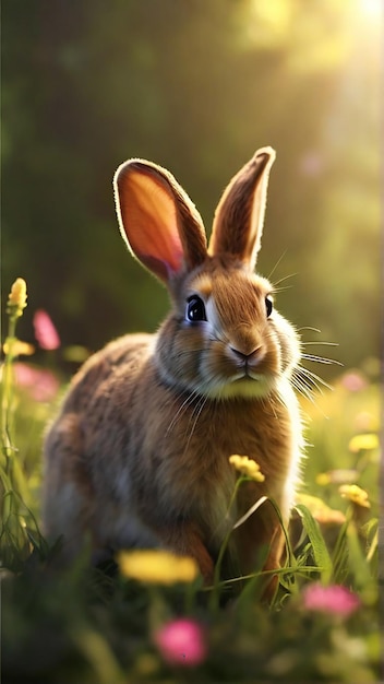 Le lapin est assis dans un champ d'herbe et de fleurs.