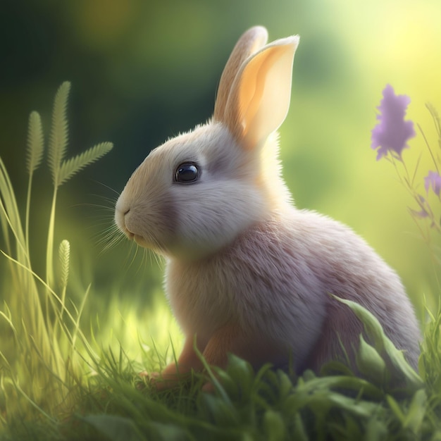 Un lapin est assis dans l'herbe avec des fleurs violettes en arrière-plan.