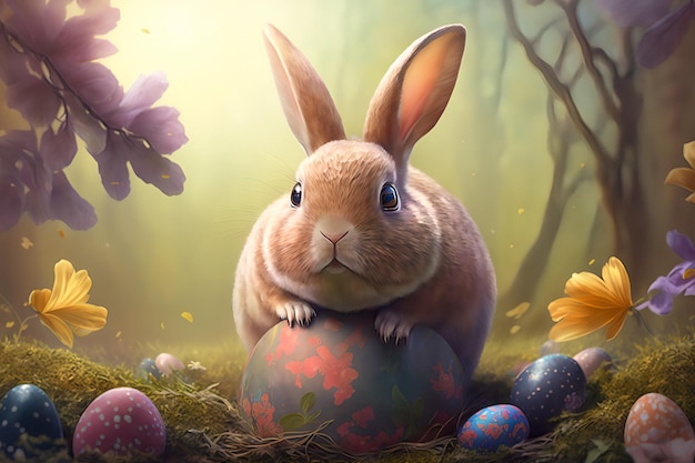 Un lapin est assis dans un nid avec des oeufs de Pâques et des fleurs.