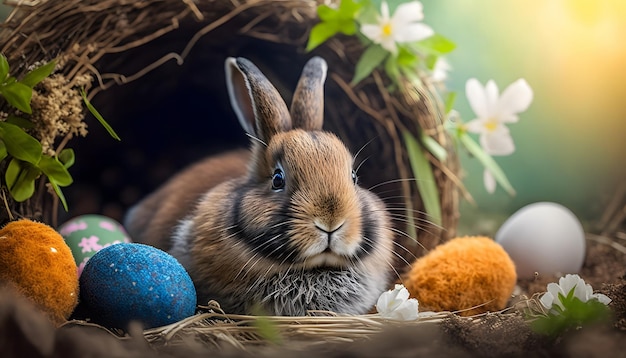 Un lapin est assis dans un nid avec des oeufs de pâques