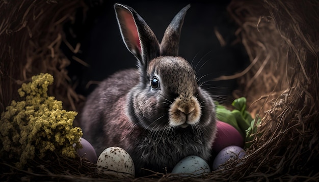 Un lapin est assis dans un nid avec des oeufs de pâques