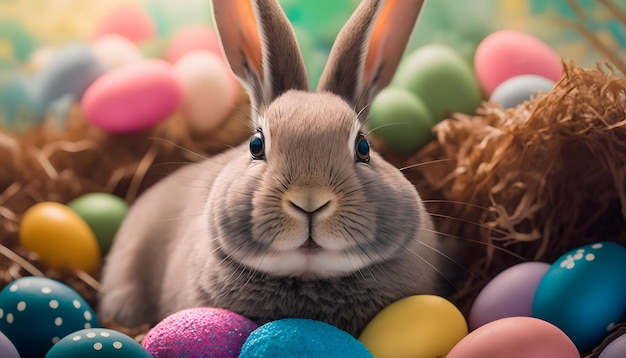 Un lapin est assis dans un nid d'oeufs de pâques