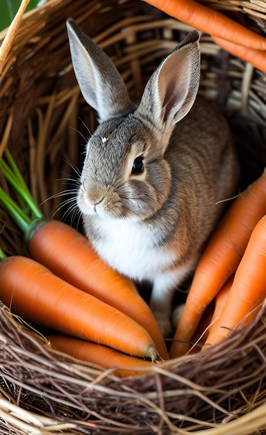 Un lapin est assis dans un panier avec des carottes.