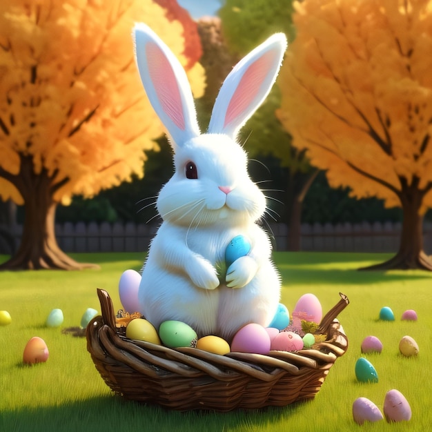 Un lapin est assis dans un panier contenant des œufs de Pâques.
