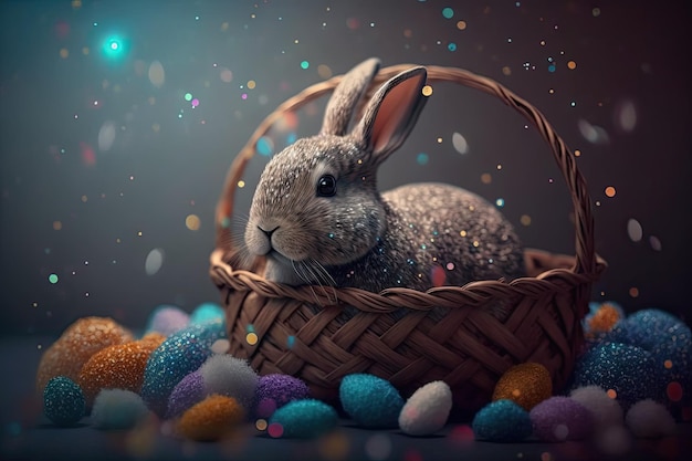 Un lapin est assis dans un panier avec des œufs colorés.