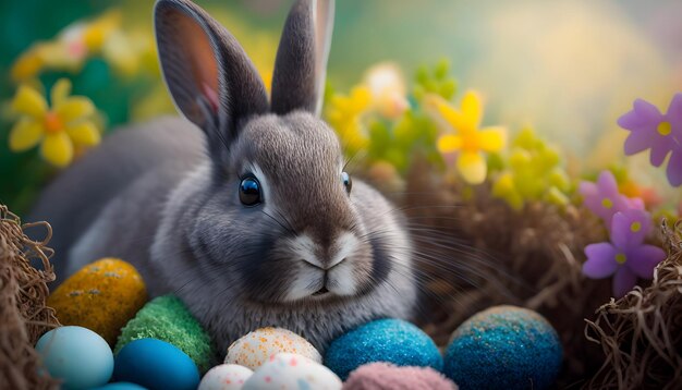 Un lapin est assis dans un panier d'œufs de Pâques.