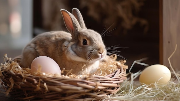 Un lapin est assis dans un panier avec des œufs.