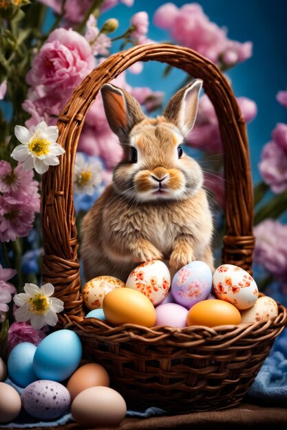 Un lapin est assis dans un panier tissé rempli d'œufs peints de différentes couleurs.