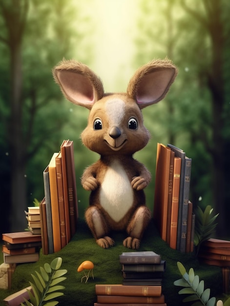 Un lapin est assis devant une bibliothèque avec un livre au milieu.