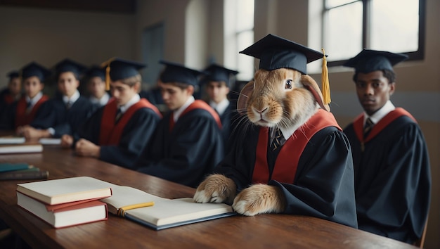 un lapin est assis devant une classe de diplômés