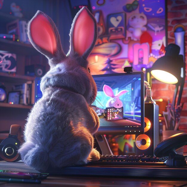 un lapin est assis devant un écran d'ordinateur avec les oreilles de lapin dessus