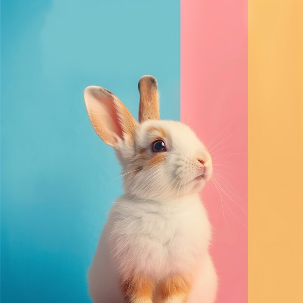 un lapin est assis devant un fond coloré