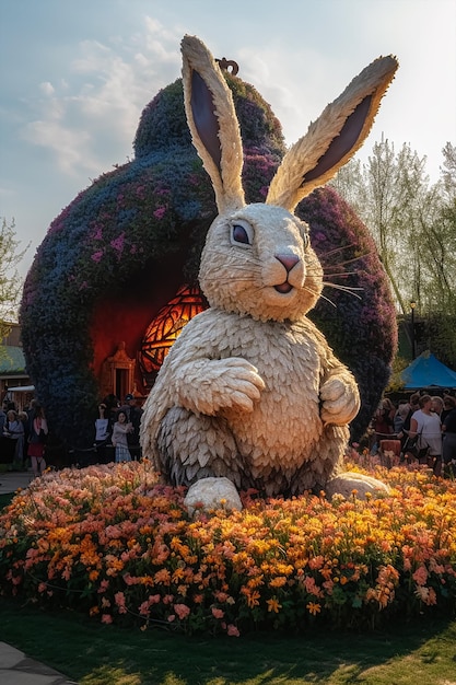 Un lapin est assis devant un jardin de fleurs au festival international des fleurs et des jardins d'epcot.