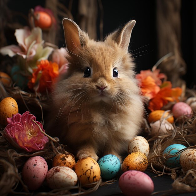 un lapin est assis devant un panier d'œufs de Pâques