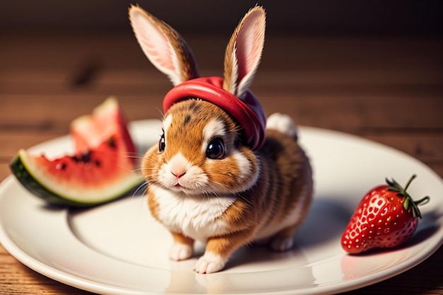 Un lapin est assis entre la pastèque, la pomme et la fraise et apprécie une nourriture délicieuse.