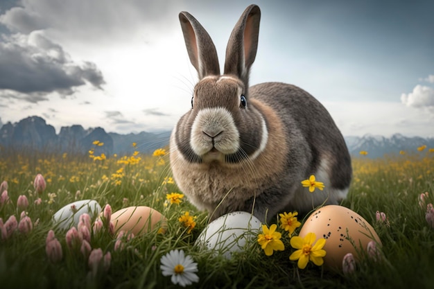 Un lapin est assis parmi des fleurs et un champ d'œufs.