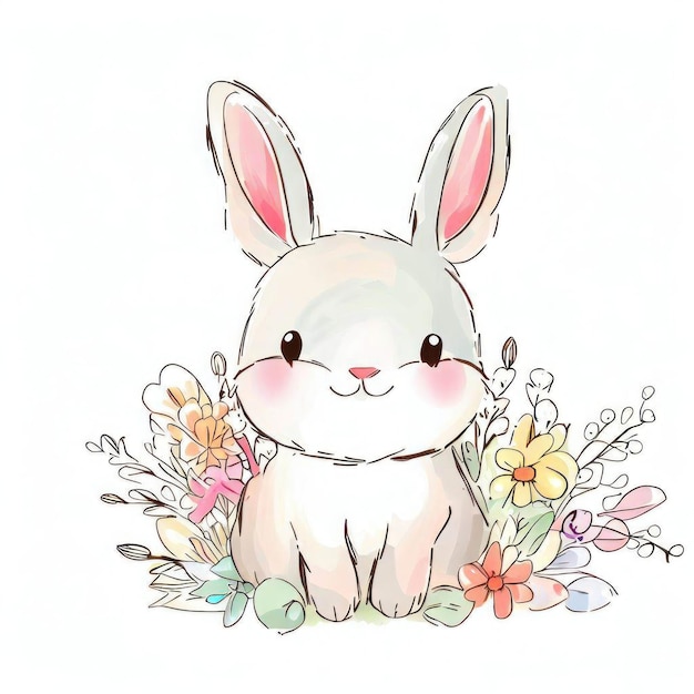 Un lapin est assis parmi des fleurs sur un fond blanc.