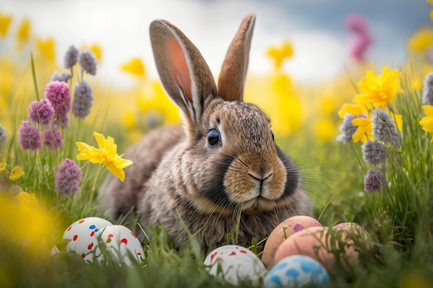 Un lapin est assis parmi les oeufs de pâques dans un champ