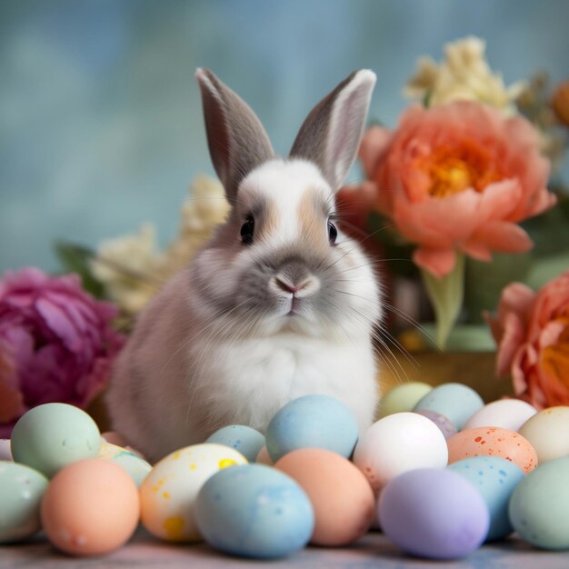 Un lapin est assis parmi les œufs de Pâques et les fleurs.