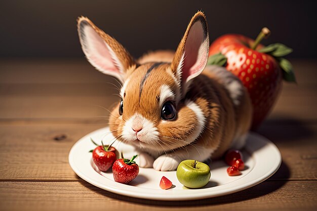 Un lapin est assis parmi les pommes et les fraises pastèques et savoure une cuisine délicieuse