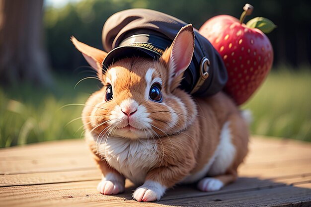 Un lapin est assis parmi les pommes et les fraises pastèques et savoure une cuisine délicieuse