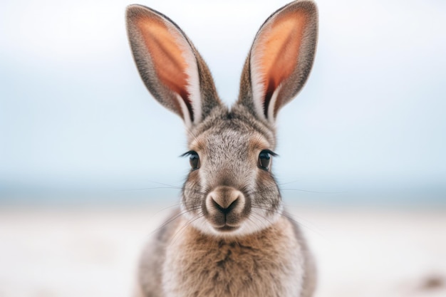 Un lapin est assis sur une plage avec le fond de la mer.