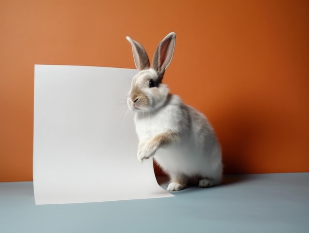 Le lapin est assis près d'une feuille de papier blanche contre un mur orange