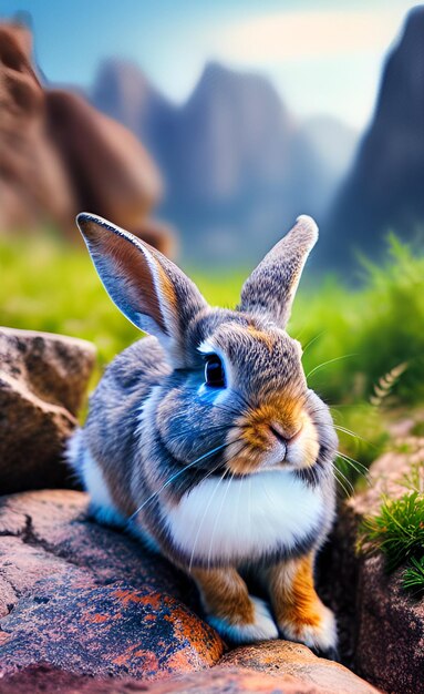 Un lapin est assis sur un rocher dans un champ