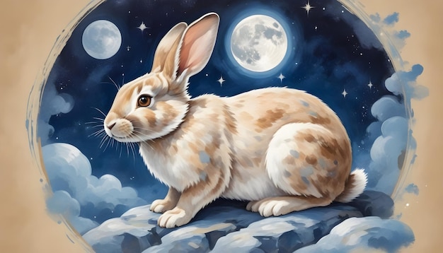 un lapin est assis sur le sol avec la lune en arrière-plan