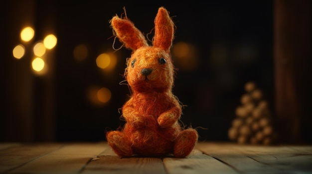 Un lapin est assis sur une table devant un arrière-plan flou.