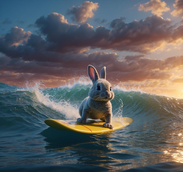 un lapin est à cheval sur une planche de surf dans l'océan avec le soleil couchant derrière lui