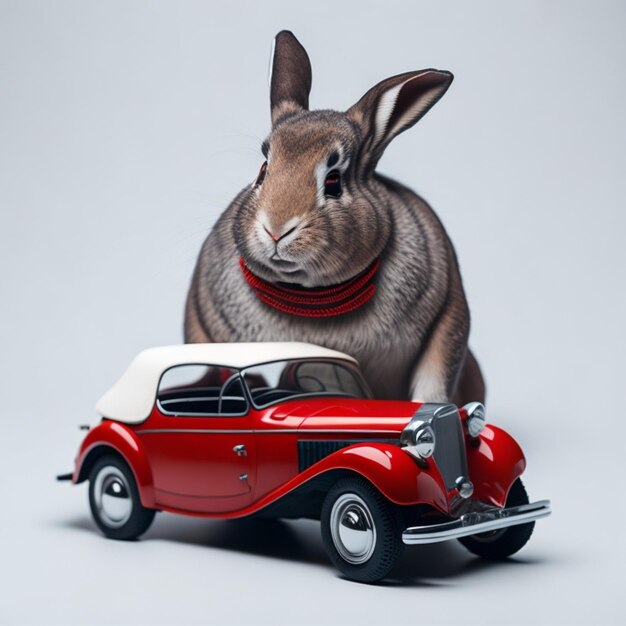 Un Lapin Est à Côté D'une Voiture Rouge.