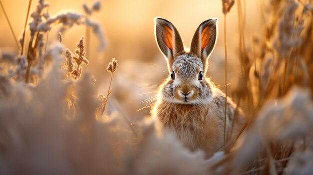 Un lapin est debout dans l'herbe haute.