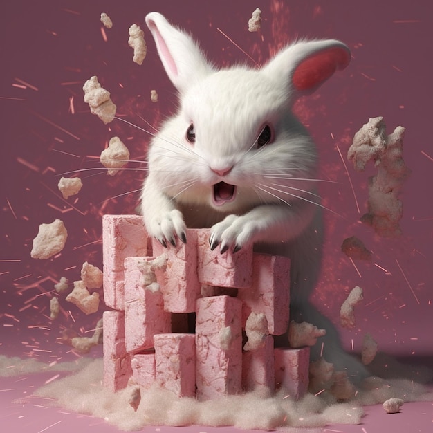 Un lapin est entouré de carrés roses et de guimauves