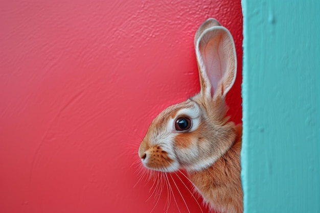 Photo le lapin est en train de regarder de l'arrière-plan dans le coin surprise mignon lapin avec copie de l'espace mockup lapin de pâques