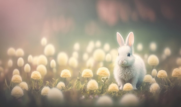 Photo lapin éthéré avec des oeufs de pâques dans un pré fleuri