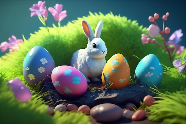 Lapin festif et décorations de Pâques colorées avec des œufs d'animaux