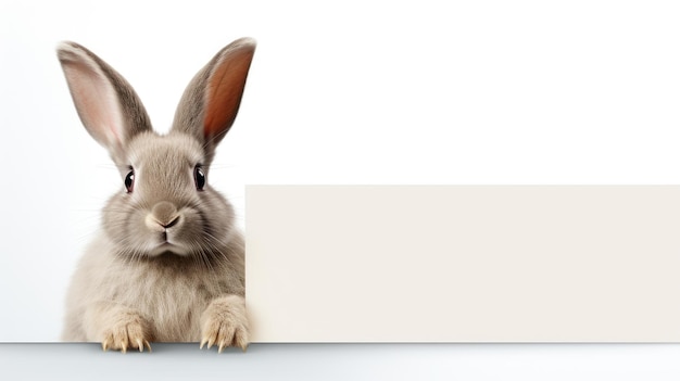 Un lapin avec une feuille blanche pour écrire du texte isolé sur un fond blanc offrant une toile charmante et poilue pour des concepts créatifs