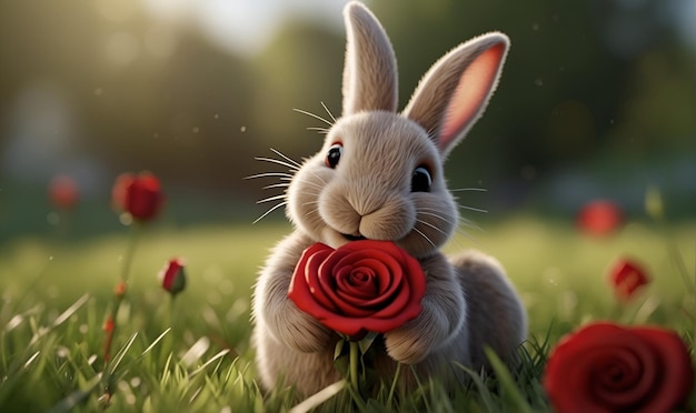 un lapin avec une fleur de rose sur une pelouse verte