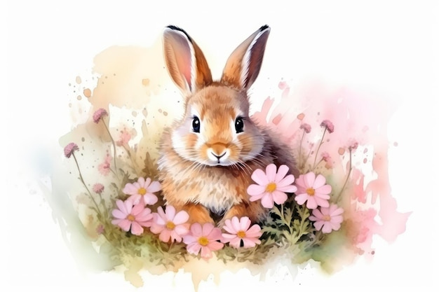 Photo lapin en fleurs aquarelle fond blanc isolé