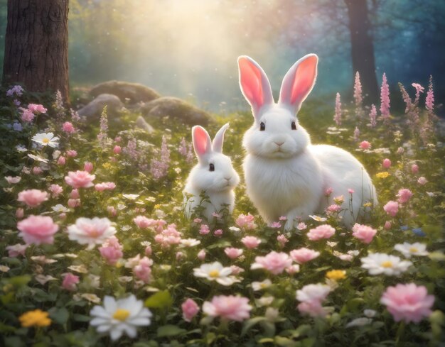 Photo un lapin avec des fleurs de jardin et une lumière douce