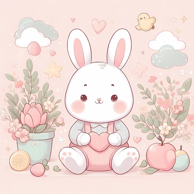 un lapin avec des fleurs et un pot de fleurs sur le mur