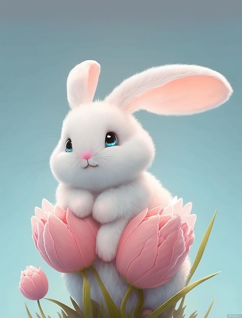 Un lapin avec des fleurs roses dessus