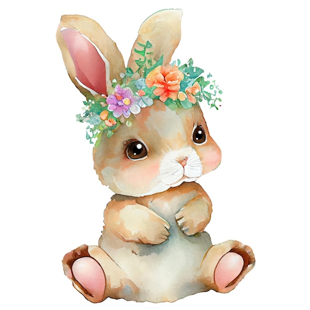 Lapin en fourrure pelucheux tropical aquarelle peint à la main sur une branche avec des fleurs tropicales