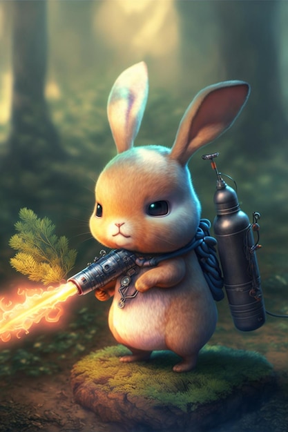 Photo un lapin avec un fusil à fusée tient une arme à feu dans la forêt