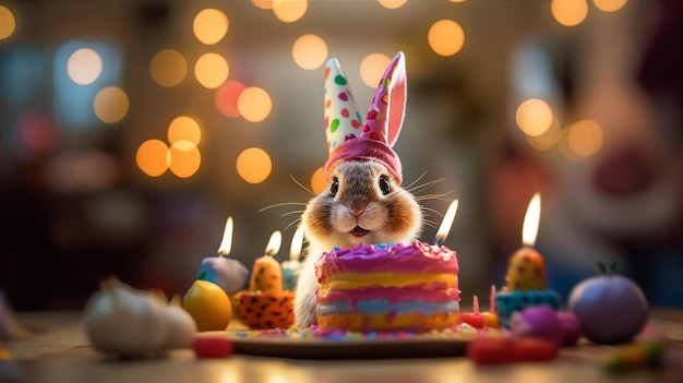 Un lapin avec un gâteau d'anniversaire dessus