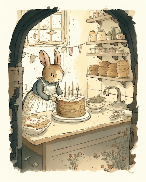 Un lapin gâteau est dans la cuisine d'une maison.
