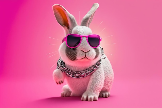 Lapin Glam avec lunettes roses et accessoires BunnyStudio tourné sur fond rose