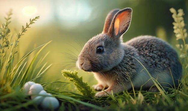 Un lapin grignotant de l'herbe fraîche dans un pré